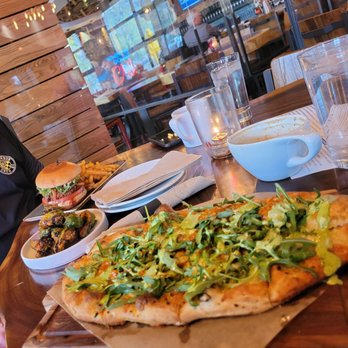 TownHall - Green Flatbread, roasted Brussels sprouts, veggie burger and truffle fries. - New American Near Me - Columbus, Ohio