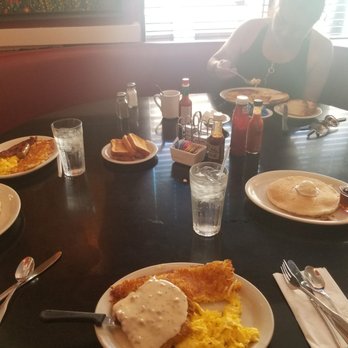 Russell's - Bottom chicken fried steak with banana nut pancake. My wife had ham and eggs. My son had The Big One breakfast - American Near Me - Pasadena, California