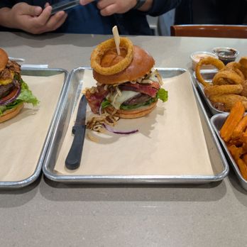 Billy Roys Burger - Haystack and the Sweet & Swine burgers. Half sweet potato and half onion rings. - Burgers Near Me - Fremont, California