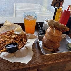 50 Burger - Bonfire burger, BBQ Ranch Fries, and a soft drink.