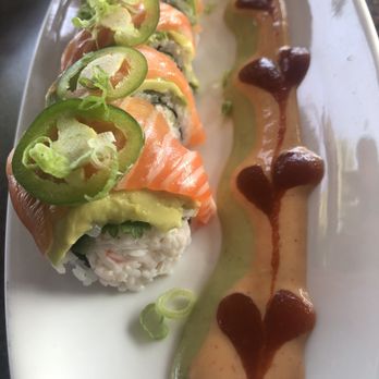 Hana Sushi - Spanish Roll - notice the hearts in the sauce. - Sushi Bars Near Me - Menifee, California Hana Sushi - Spanish Roll - notice the hearts in the sauce. - Sushi Bars Near Me - Menifee, California
