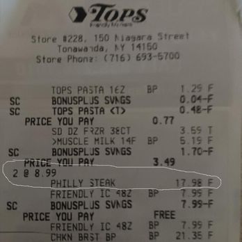 Tops Friendly Markets - Receipt of Philly Steak cost - Grocery Near Me - Tonawanda, New York Tops Friendly Markets - Receipt of Philly Steak cost - Grocery Near Me - Tonawanda, New York