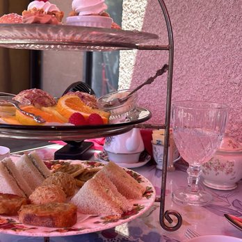 Aubrey Rose Tea Room - Food Tower:  Bottom: savory  Middle: scones  Top: sweets - Tea Rooms Near Me - La Mesa, California