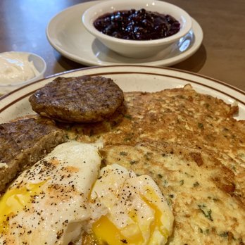 Chace's Pancake Corral - Sausage And Eggs, Potato Pancakes with house made blueberries, sour cream on the side. - American Near Me - Bellevue, Washington