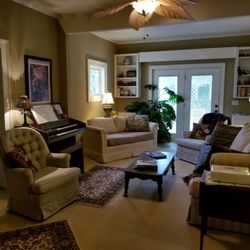 Living room to French doors and deck with Gazebo.