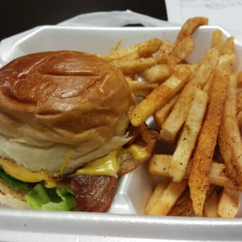 Lebowski's Grill - Bacon cheeseburger with seasoned fries. - Burgers Near Me - Austin, Texas Lebowski's Grill - Bacon cheeseburger with seasoned fries. - Burgers Near Me - Austin, Texas