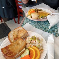 Let's do lunch - Tuna melt with potato salad, spinach quiche with 3 bean salad and corn muffin
