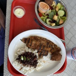 Flying Burger - Grilled catfish with rice and black beans