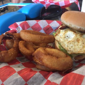 Surf Dogs  - Hang Loose burger with onion rings - Hot Dogs Near Me - Chesapeake, Virginia