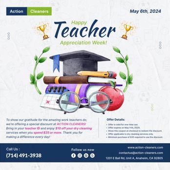 Action Cleaners - Happy Teacher Appreciation Week! To all the educators who inspire and shape the future, we salute you!
#drycleaners #dry #teachersa - Laundry Services Near Me - Anaheim, California Action Cleaners - Happy Teacher Appreciation Week! To all the educators who inspire and shape the future, we salute you!
#drycleaners #dry #teachersa - Laundry Services Near Me - Anaheim, California