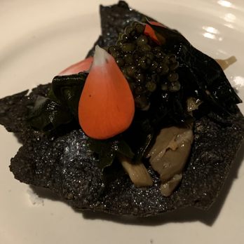 Matsu - "Oysters" and Caviar: oyster mushrooms, black caviar, and a squid ink tapioca chip - Japanese Near Me - Oceanside, California