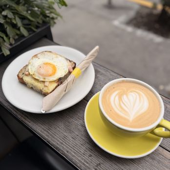 Scullery - Seasonal Cardamom Rose Latte, and Rarebit Ham with egg - Coffee & Tea Near Me - San Francisco, California