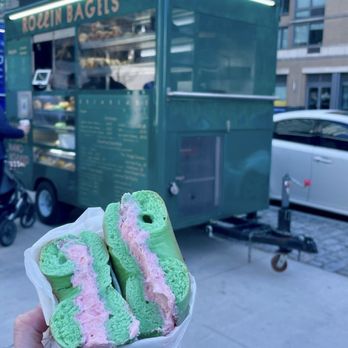 Rollin Bagels - Plain Bagel with strawberry cream cheese, (green for St. Patricks) - Bagels Near Me - Long Island City, New York Rollin Bagels - Plain Bagel with strawberry cream cheese, (green for St. Patricks) - Bagels Near Me - Long Island City, New York