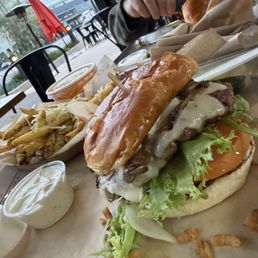 Mushroom burger and garlic fries Mushroom burger and garlic fries