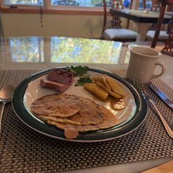 Reindeer sausage breakfast with flap jacks!