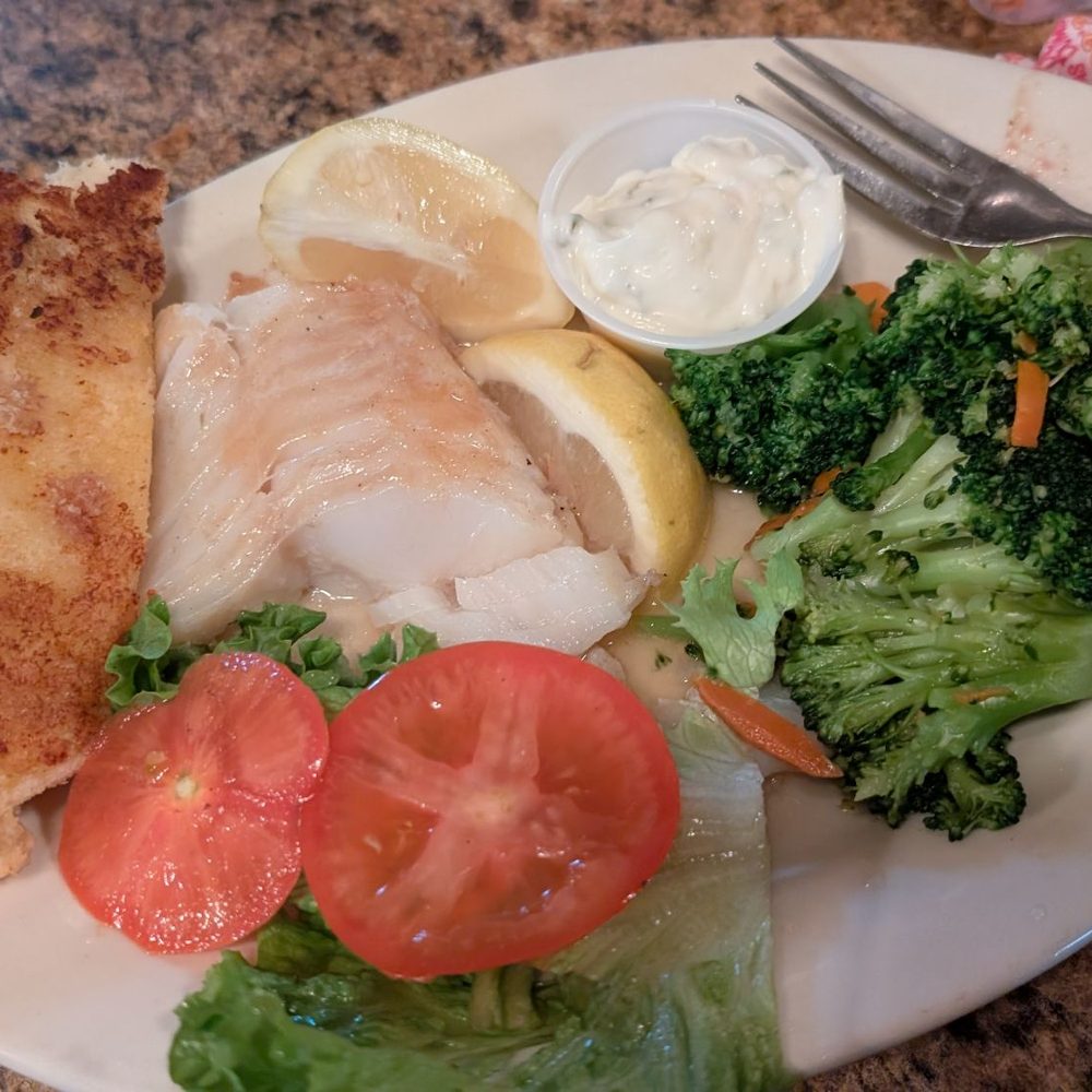 Grilled cod fillet with veggies and side salad (not pictured) Grilled cod fillet with veggies and side salad (not pictured)