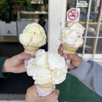Clancy's Ice Cream Parlour - Single scoops in cake cones--banana walnut, coconut pineapple, & cookie dough - Ice Cream & Frozen Yogurt Near Me - San Leandro, California