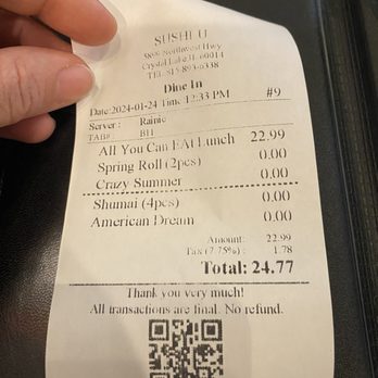 Sushi U - My receipt. Great deal! - Sushi Bars Near Me - Crystal Lake, Illinois Sushi U - My receipt. Great deal! - Sushi Bars Near Me - Crystal Lake, Illinois