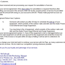 AIR-PIPE Rural Broadband Internet - This to a customer since 2008 who, after repeated concerns over deteriorating service levels, requests cancellation? Uhh, me thinks not.