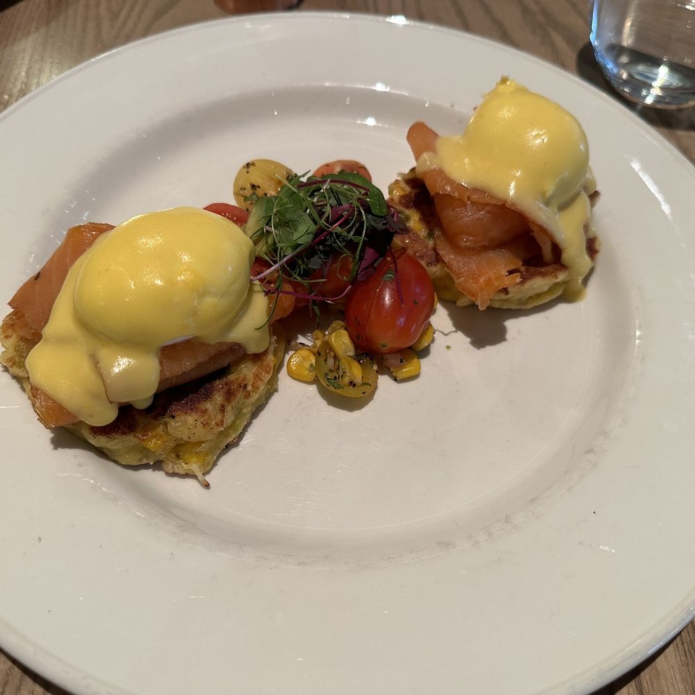 Corinne Denver - Sweet corn cake eggs benedict with smoked salmon - Breakfast & Brunch Near Me - Denver, Colorado Corinne Denver - Sweet corn cake eggs benedict with smoked salmon - Breakfast & Brunch Near Me - Denver, Colorado