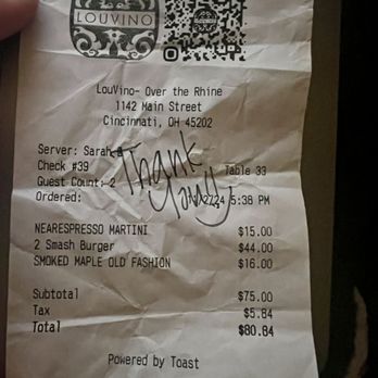 LouVino OTR - What I was charged for the burger. $3 more per each burger than what the menu price says. - Wine Bars Near Me - Cincinnati, Ohio LouVino OTR - What I was charged for the burger. $3 more per each burger than what the menu price says. - Wine Bars Near Me - Cincinnati, Ohio