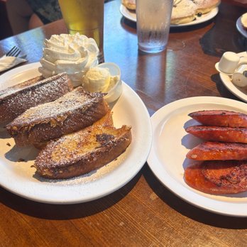 Eggs 'n Things Ko Olina - Plain French toast with whipped cream with a side of Portuguese sausage.  My daughter loved it. - American Near Me - Kapolei, Hawaii