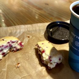 Raspberry white chocolate scone and fresh brew Raspberry white chocolate scone and fresh brew