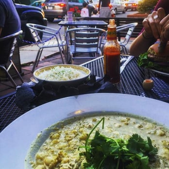 Spotted Dog - Pozole verde and view of the street - Vegetarian Near Me - Carrboro, North Carolina