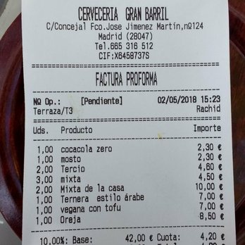 Gran Barril - Factura entre 4. - Beer Bar Near Me - Madrid, M