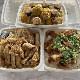 Pork hash on top, fried chicken w/ chow fun on left, ginger fried chicken w/ white rice on right Pork hash on top, fried chicken w/ chow fun on left, ginger fried chicken w/ white rice on right