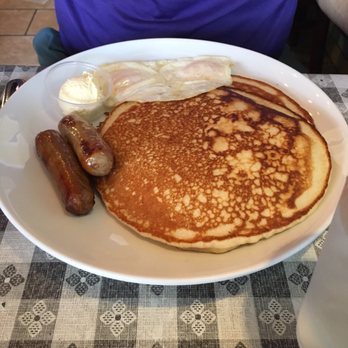 Hometown Charm Cafe - Pancake Combo- 2 huge pancakes, 2 fried eggs and two sausage links - Breakfast & Brunch Near Me - Sumner, Washington Hometown Charm Cafe - Pancake Combo- 2 huge pancakes, 2 fried eggs and two sausage links - Breakfast & Brunch Near Me - Sumner, Washington