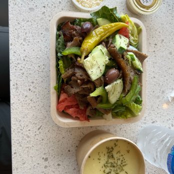 Olive Tree Greek Grill - Their avgolemono soup (chicken and lemon) and their small gyro over Greek salad, water bottle for reference. - Greek Near Me - Viera, Florida Olive Tree Greek Grill - Their avgolemono soup (chicken and lemon) and their small gyro over Greek salad, water bottle for reference. - Greek Near Me - Viera, Florida