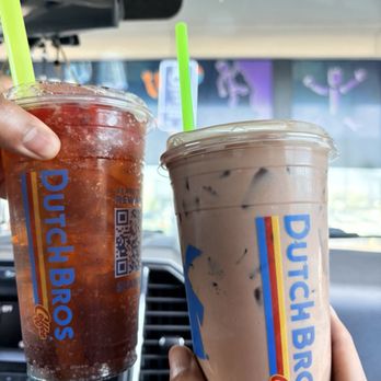 Dutch Bros Coffee - On the left is Shark Attack and on the right side is iced Cocomo Mocha - Juice Bars & Smoothies Near Me - Vista, California Dutch Bros Coffee - On the left is Shark Attack and on the right side is iced Cocomo Mocha - Juice Bars & Smoothies Near Me - Vista, California