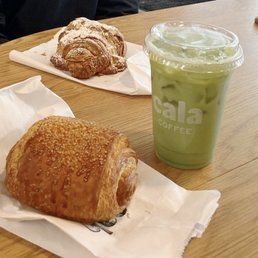 matcha latte with strawberry, chocolate croissant, almond croissant :)