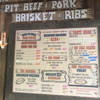 Frontier Bar B Q - a menu for a wood fired pit beef pork brisket ribs - Barbeque Near Me - Fairfield, Pennsylvania