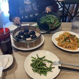 Diet Coke! Midnight Truffle Black Truffle Beef Soup Dumplings, Shrimp Fried Noodles, dry-fried green beans