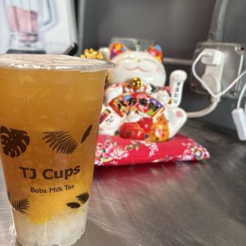 TJ Cups - Double peach green tea with lychee jelly - Bubble Tea Near Me - San Francisco, California TJ Cups - Double peach green tea with lychee jelly - Bubble Tea Near Me - San Francisco, California