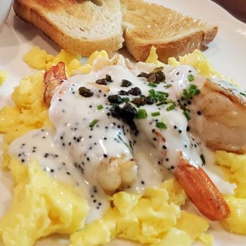 The Royale - " Crustacean Scramble " : lump crab * garlic shrimp * tobiko * lemon butter cream sauce - Breakfast & Brunch Near Me - Pleasant Hill, California The Royale - " Crustacean Scramble " : lump crab * garlic shrimp * tobiko * lemon butter cream sauce - Breakfast & Brunch Near Me - Pleasant Hill, California