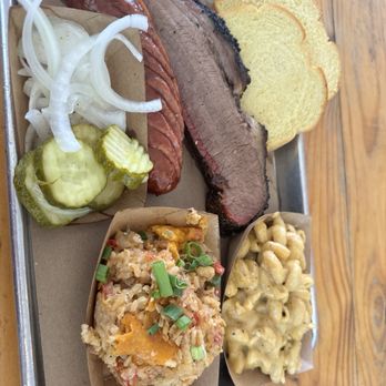 Hurtado Barbecue - Tater tot casserole, Mac and cheese, brisket, and poblano cheese sausage! - Barbeque Near Me - Fort Worth, Texas