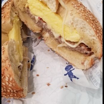 Bagelheads - Sausage egg & cheese on a sesame seed bagel - Bagels Near Me - Pensacola, Florida Bagelheads - Sausage egg & cheese on a sesame seed bagel - Bagels Near Me - Pensacola, Florida