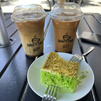Sana’a Cafe - Iced Yemeni Latte (left), Iced Adeni Chai (right), pistachio milk cake - Coffee & Tea Near Me - Mountain View, California Sana’a Cafe - Iced Yemeni Latte (left), Iced Adeni Chai (right), pistachio milk cake - Coffee & Tea Near Me - Mountain View, California