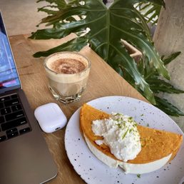 Gold Rush latte (espresso, dulce, warm spices) and Cachapa (Venezuelan sweet corn pancake with hard queso) Gold Rush latte (espresso, dulce, warm spices) and Cachapa (Venezuelan sweet corn pancake with hard queso)