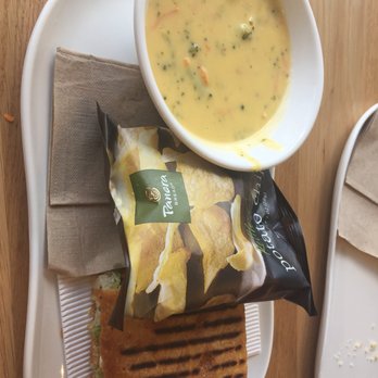 Panera Bread - Half n half Modern caprese panini, cheese broccoli soup  Chips - Salad Near Me - Houston, Texas