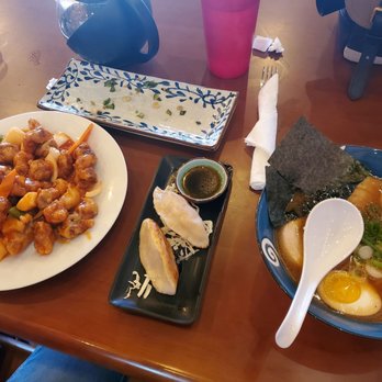 Umami Ramen House - Sweet and sour pork, pot stickers, and shoyu ramen. The empty plate had calamari. - Ramen Near Me - El Paso, Texas