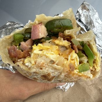 The Country Kitchen - Ham, bacon, egg, and cheese breakfast burrito with jalapeños and peppers - Burgers Near Me - Malibu, California The Country Kitchen - Ham, bacon, egg, and cheese breakfast burrito with jalapeños and peppers - Burgers Near Me - Malibu, California