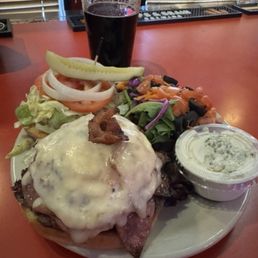 Bacon cheeseburger with house salad and 512 Pecan Porter.