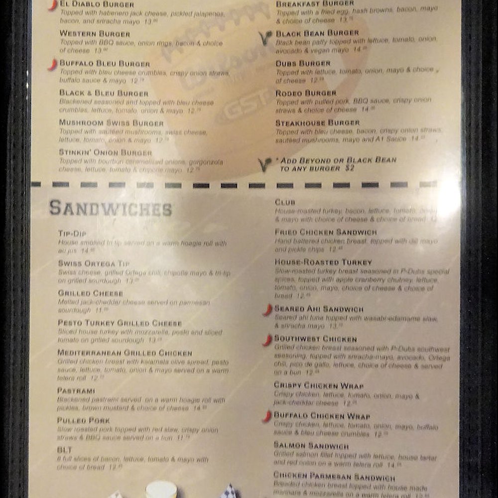 P Dubs Grille & Bar - P-Dubs Brew Pub menu is four pages long, and features all of your favorite "pub grub" selections. - New American Near Me - Tehachapi, California P Dubs Grille & Bar - P-Dubs Brew Pub menu is four pages long, and features all of your favorite "pub grub" selections. - New American Near Me - Tehachapi, California