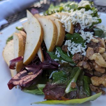 Indigo Moon - Pear , Gorgenzola , Caramelized Walnuts Over Greens Tossed Salad - New American Near Me - Cambria, California Indigo Moon - Pear , Gorgenzola , Caramelized Walnuts Over Greens Tossed Salad - New American Near Me - Cambria, California