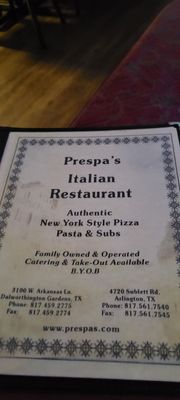 Menu photo 1 Prespa's Italian Restaurant Arlington, TX