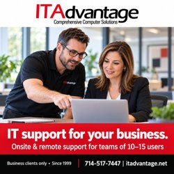 IT Advantage - Onsite and remote business IT support for teams of 10-15 users. AI-created service illustration; people shown are fictional.